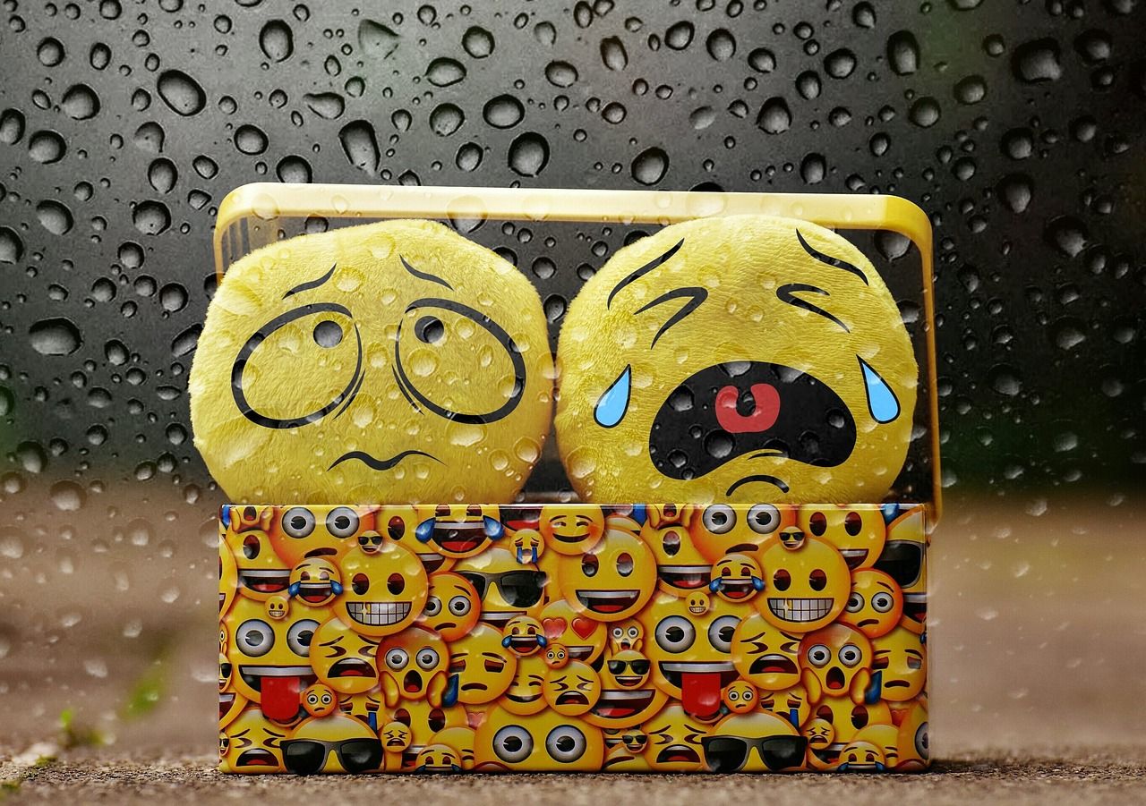 Deux peluches emojis tristes et en larmes dans une boîte sous la pluie