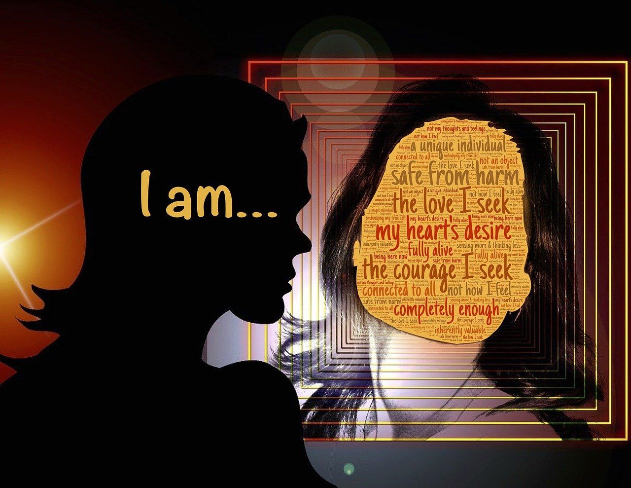 Silhouette face à un reflet rempli de mots positifs comme I am, completely enough et safe from harm